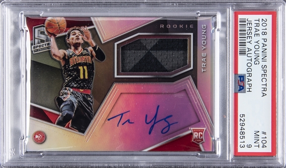 2018-19 Panini Spectra #104 Trae Young Signed Jersey Card (#011/299) - PSA MINT 9